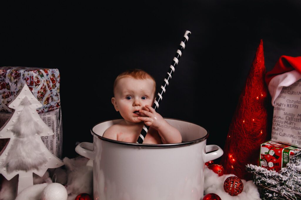 kerst fotoshoot baby chocolade bad